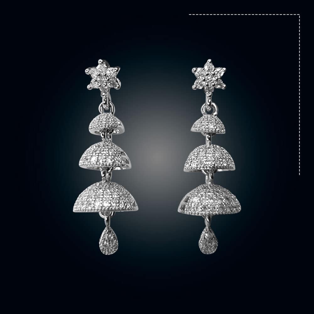 Diamond Cut Multi Stone 3 Layer Silver Color Jhumka