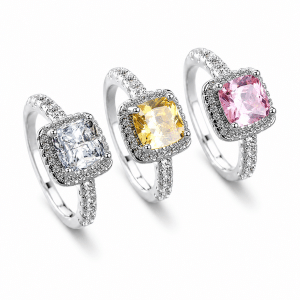 Diamond Cut S925 White, Yellow & Pink Square Halo Cushion Ring (Combo)