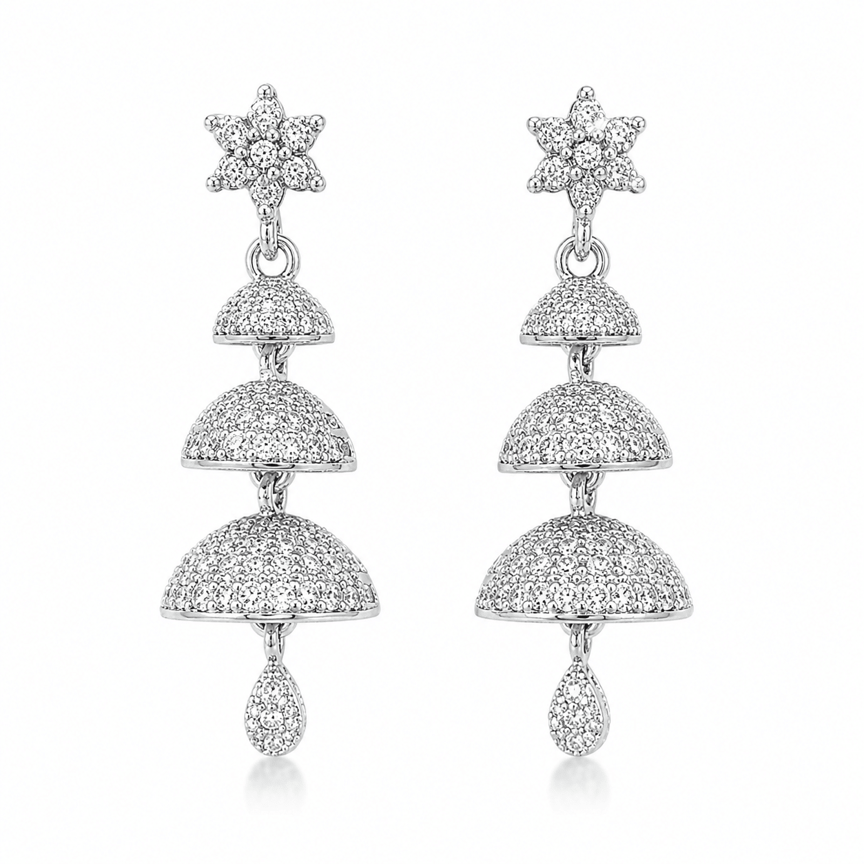 Diamond Cut Multi Stone 3 Layer Silver Color Jhumka