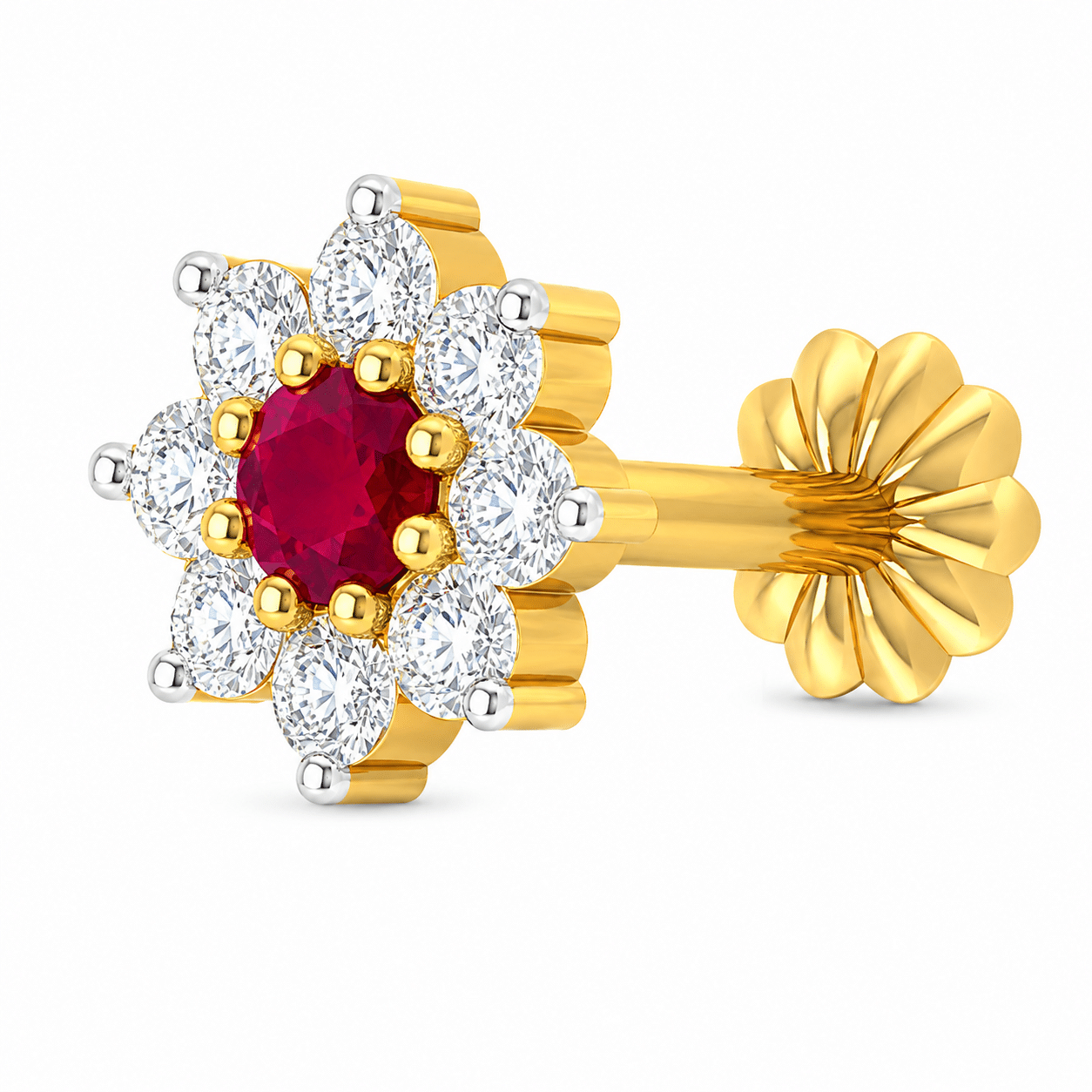 9 stone Traditional 18K gold Diamond Cut Middle Pink Nosepin