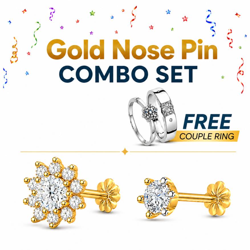 9 and 1 Stone Traditional 18K gold Diamond Cut Nosepin and free GP Couple Ring